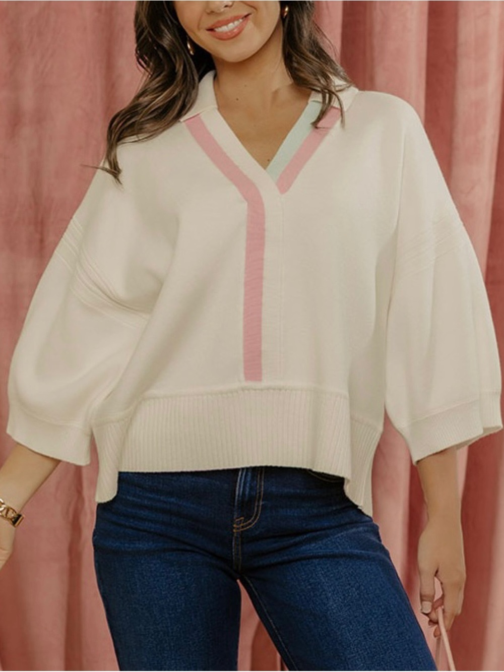 FATE Oversized Elbow Sleeve Compact Collared V Neck Sweater